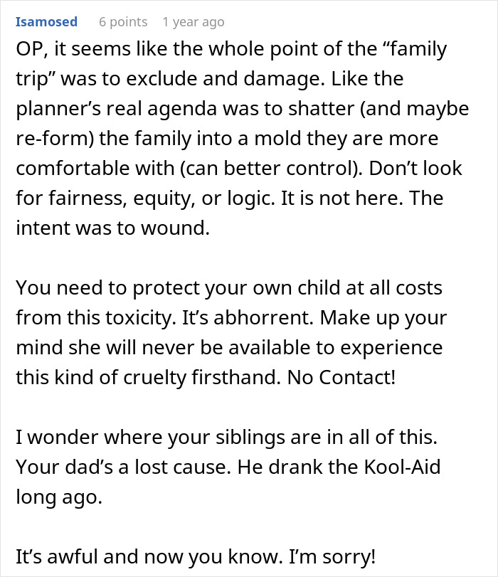 Reddit comment discussing a mom&rsquo;s anger after dad and stepmom plan a Disney trip excluding her and daughter.