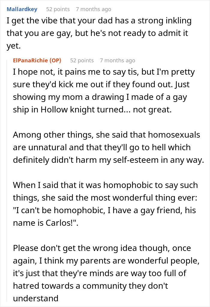 Conversation screenshot showing a secretly gay teen sharing experiences with homophobic parents and respect challenges online.