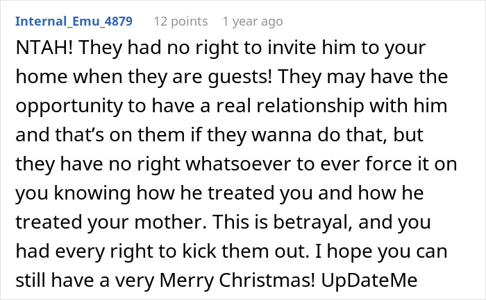 Comment expressing strong support for guy kicking siblings out after they revealed surprise plans, calling it betrayal.
