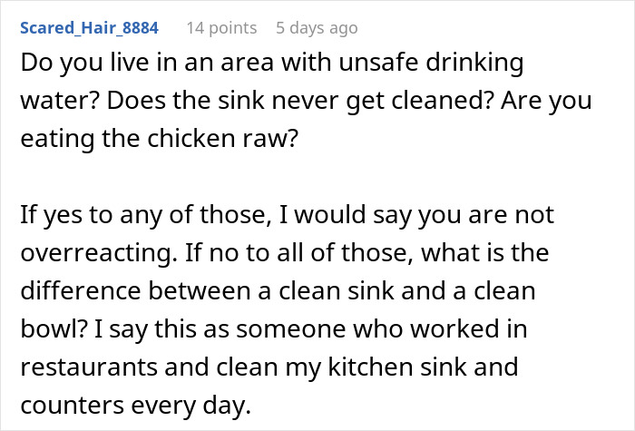 User comment about concerns over unsafe water, raw chicken, and kitchen cleanliness causing loss of appetite related to how mother-in-law prepares chicken.