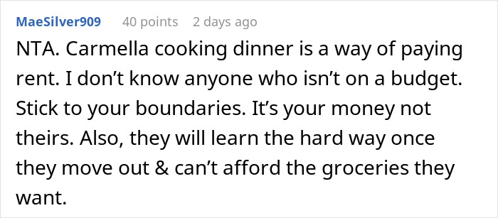 Comment discussing mom accused of embarrassing son&rsquo;s girlfriend who offered to cook meals as a way of paying rent.