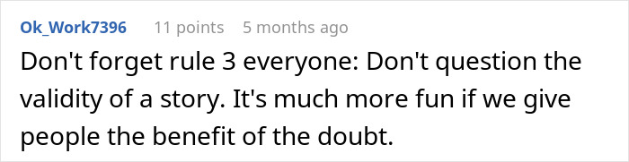 Comment text on a white background discussing rule 3 about not questioning story validity for fun, related to boss employee crush story. Comment text on a white background discussing rule 3 about not questioning story validity for fun, related to boss employee crush story.