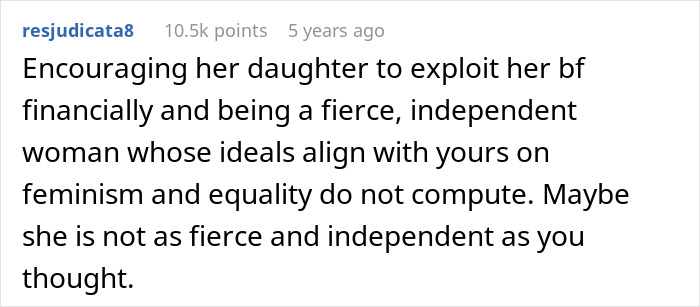 Comment criticizing a wife for teaching their daughter to treat her boyfriend like a personal ATM, highlighting financial exploitation. Comment criticizing a wife for teaching their daughter to treat her boyfriend like a personal ATM, highlighting financial exploitation.