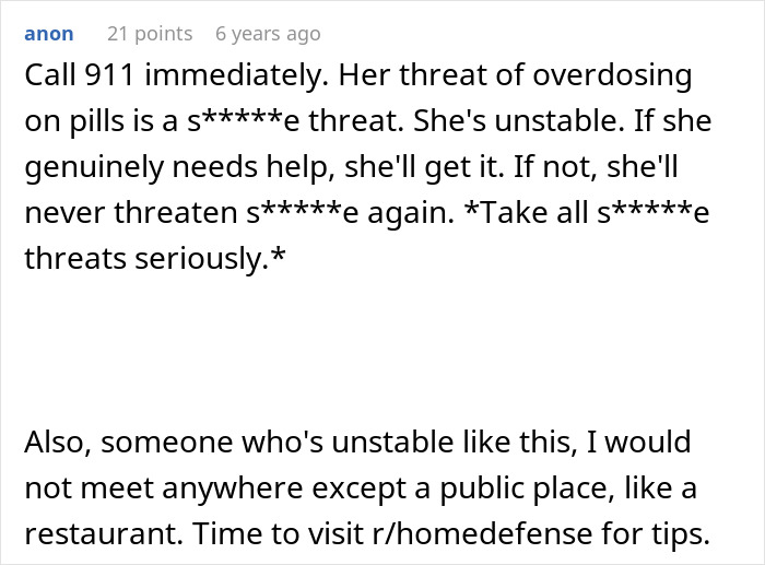 Text comments warning about o******e threats and advising caution for safety in unstable situations related to MIL poisoning family dog.