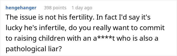 Comment expressing anger about husband’s lie risking future child’s health and fertility concerns on a forum post. Comment expressing anger about husband’s lie risking future child’s health and fertility concerns on a forum post.