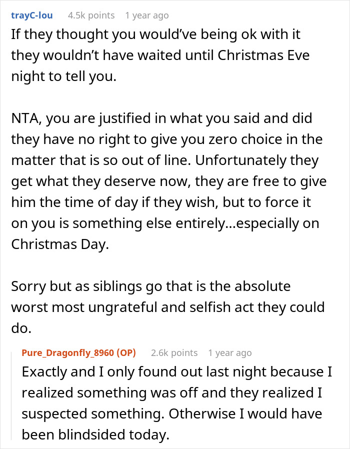 Reddit conversation about a guy kicking siblings out after they reveal a surprise they planned on Christmas Eve.