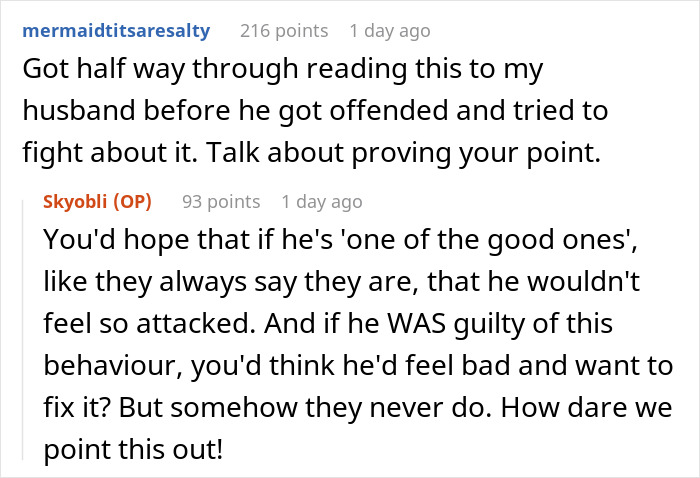 Screenshot of Reddit comments discussing patterns men in relationships follow and reactions to being confronted about it.