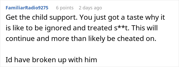 Screenshot of a social media comment about a woman rethinking her relationship after her boyfriend ditches her with a newborn.