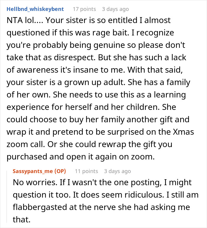 Reddit conversation discussing woman who thinks she deserves another Christmas gift after opening one early, receiving a reality check.