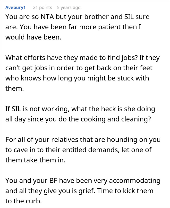 Comment discussing entitled behavior of brother and sister-in-law toward woman trying to help them. Comment discussing entitled behavior of brother and sister-in-law toward woman trying to help them.