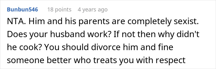 Screenshot of an online comment criticizing a husband and family for sexist behavior and poor treatment of a woman.