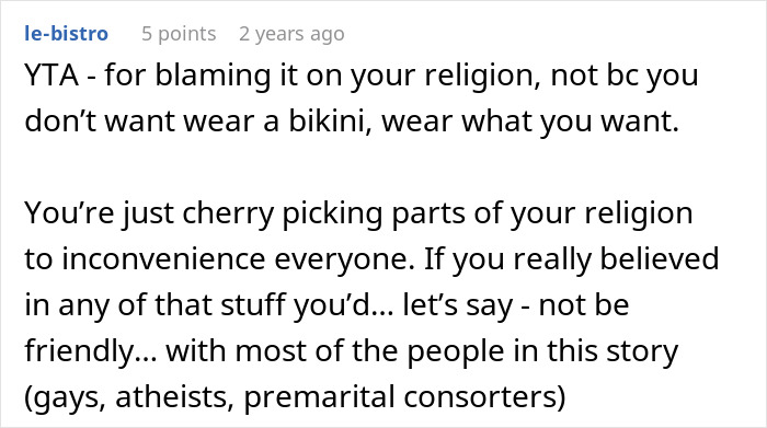 Screenshot of a forum comment debating Muslim DIL and family conflict over bikini at bridal party.