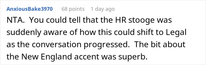 Commenter responding to a workplace scenario involving a man taking a call in Korean and HR involvement. Commenter responding to a workplace scenario involving a man taking a call in Korean and HR involvement.