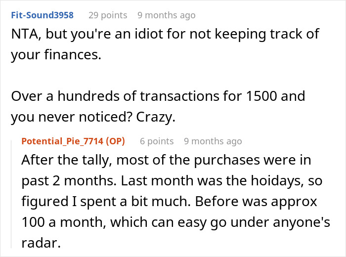 Screenshot of an online discussion about tracking finances and unauthorized credit card use for games by an entitled nephew. Screenshot of an online discussion about tracking finances and unauthorized credit card use for games by an entitled nephew.