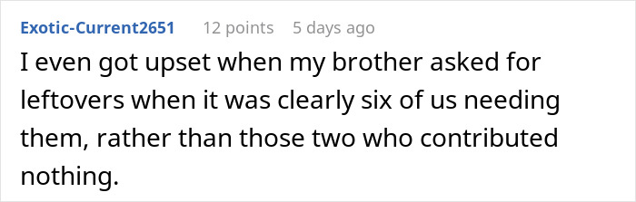Comment about a couple hosting an expensive Thanksgiving dinner and disappointment over missing leftovers. Comment about a couple hosting an expensive Thanksgiving dinner and disappointment over missing leftovers.