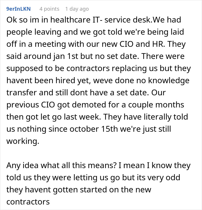 Screenshot of a user sharing subtle red flags indicating their healthcare IT job may not be safe, including layoffs and lack of communication. Screenshot of a user sharing subtle red flags indicating their healthcare IT job may not be safe, including layoffs and lack of communication.