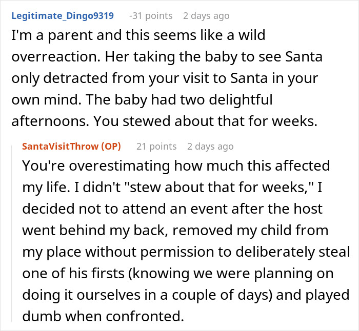 Overheard chat about step-grandma sneaking baby to see Santa and losing babysitting privileges after the incident.
