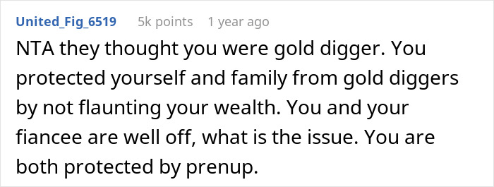 Reddit comment explaining how future in-laws demanded a prenup and changed stance after learning about her wealthy family.