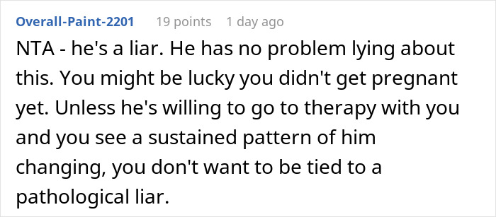 Comment on Reddit accusing husband of lying and risking future child’s health, urging caution before pregnancy. Comment on Reddit accusing husband of lying and risking future child’s health, urging caution before pregnancy.