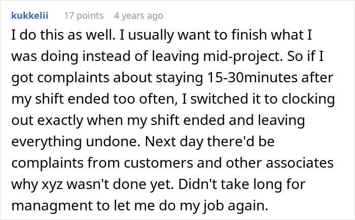 Comment about coffee shop worker dealing with manager rules causing complaints and backfiring the next day.