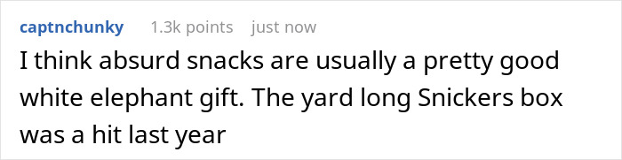 Reddit comment discussing white elephant gift ideas, mentioning snacks and a yard-long Snickers box as popular choices.