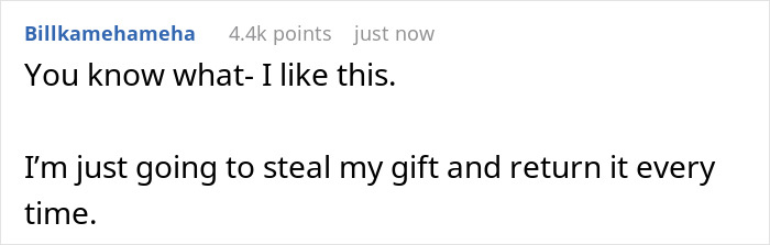 Screenshot of a social media comment about stealing a white elephant gift and getting a refund, sparking debate online.
