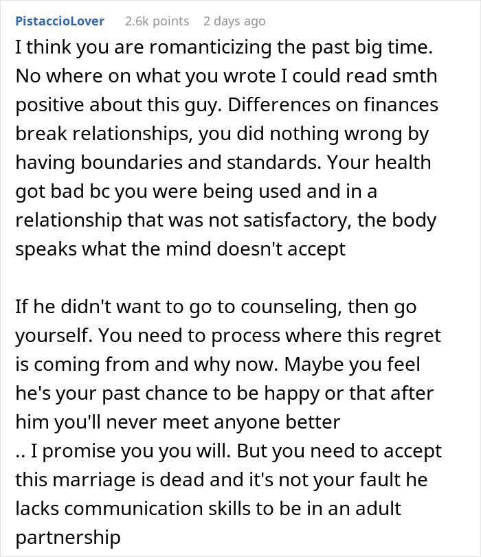 Comment discussing a woman getting a reality check after regretting divorce and romanticizing the past.