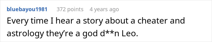Screenshot of a Reddit comment about a cheater and astrology linking the behavior to being a Leo zodiac sign.