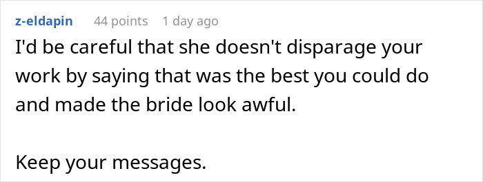 Comment warning about mother-in-law trying to make bride look ugly in a wedding illustration and advice to keep messages.
