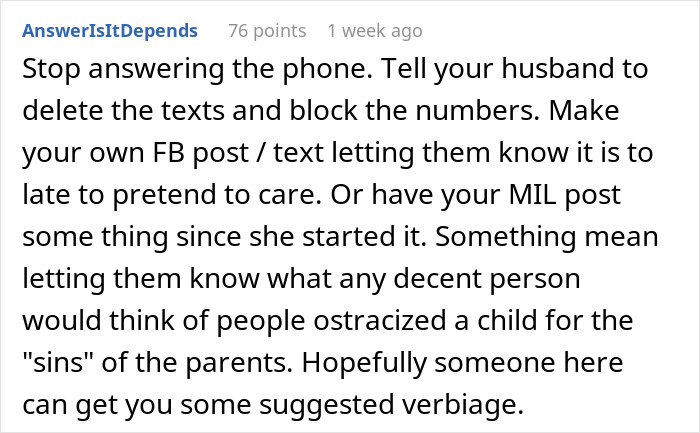 Text conversation advising a 23-year-old new mom on blocking family and handling conflicts over keeping her baby a secret.