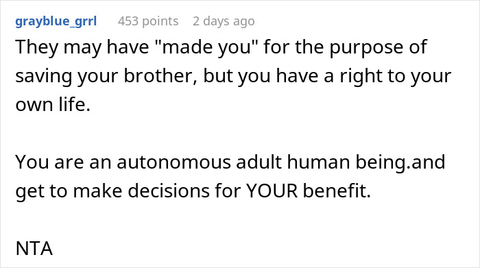 Text post on a social media platform discussing a woman conceived as spare parts for her brother asserting her right to autonomy. Text post on a social media platform discussing a woman conceived as spare parts for her brother asserting her right to autonomy.