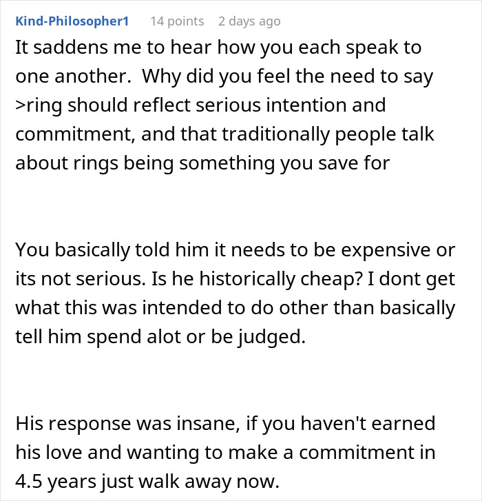Reddit comment discussing man telling girlfriend she must earn engagement ring after 4.5 years, sparking relationship drama. Reddit comment discussing man telling girlfriend she must earn engagement ring after 4.5 years, sparking relationship drama.