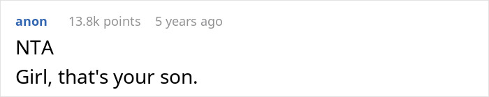 Screenshot of a Reddit comment saying NTA and supporting a woman letting her nephew call her mom, despite his bio mom's objections.