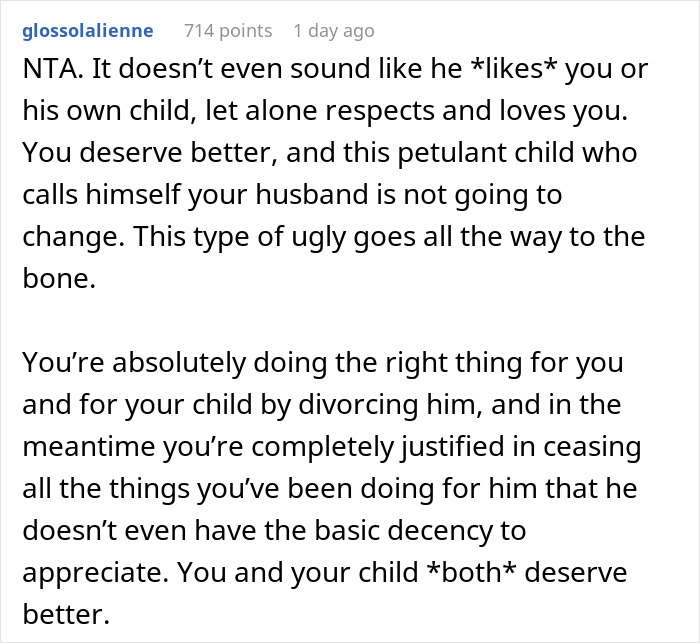 Comment expressing support for stay-at-home mom dumping chores and child care on her husband who calls her lazy.