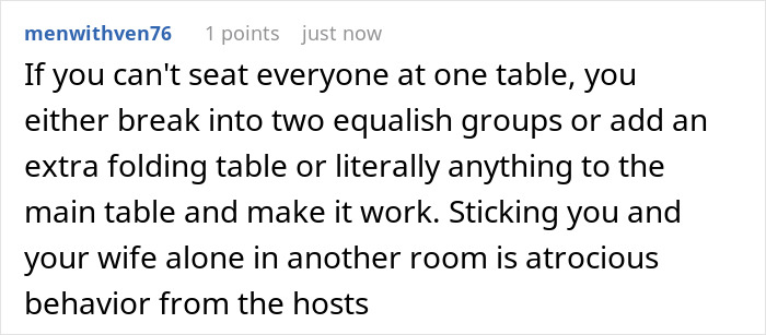 Commenter discussing parents letting friends sit at main table for Thanksgiving while son is annoyed at overflow table seating.