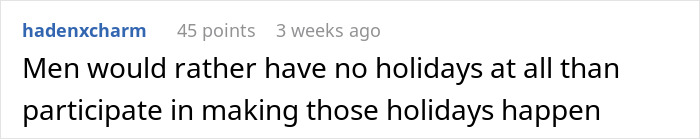 Text post from user hadenxcharm stating men prefer no holidays over helping with holiday labor, highlighting feminism and moms' efforts.