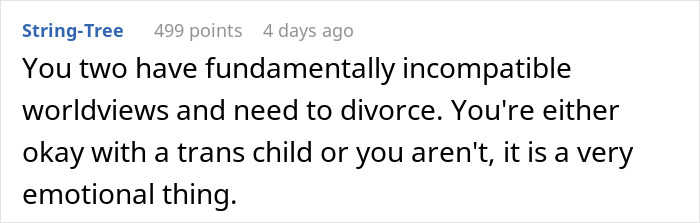 Comment expressing the emotional conflict in a family after a son comes out as trans, highlighting transphobic reactions. Comment expressing the emotional conflict in a family after a son comes out as trans, highlighting transphobic reactions.