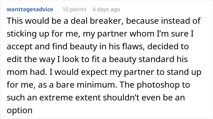 Screenshot of an online comment about issues with boyfriend editing face in every photo, expressing frustration and boundaries.