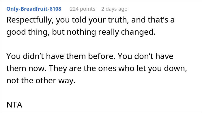 Screenshot of a Reddit comment explaining why the lady won’t help cruel parents who abandoned her, called disrespectful.