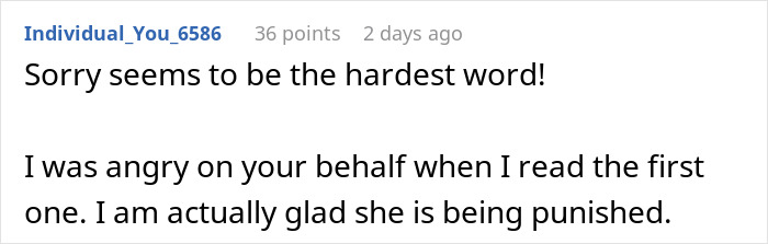 Comment text on a white background discussing anger and punishment related to a babysitting incident involving a step-grandma.