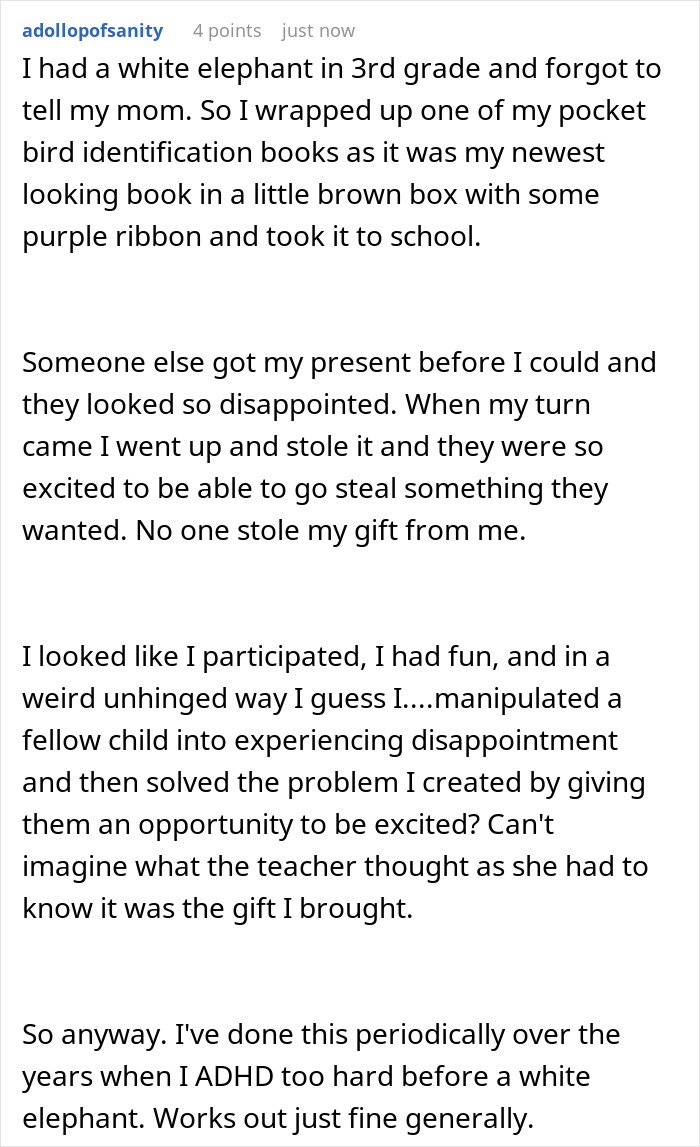 Text post describing a story about a white elephant gift exchange involving stealing and refund debates online.