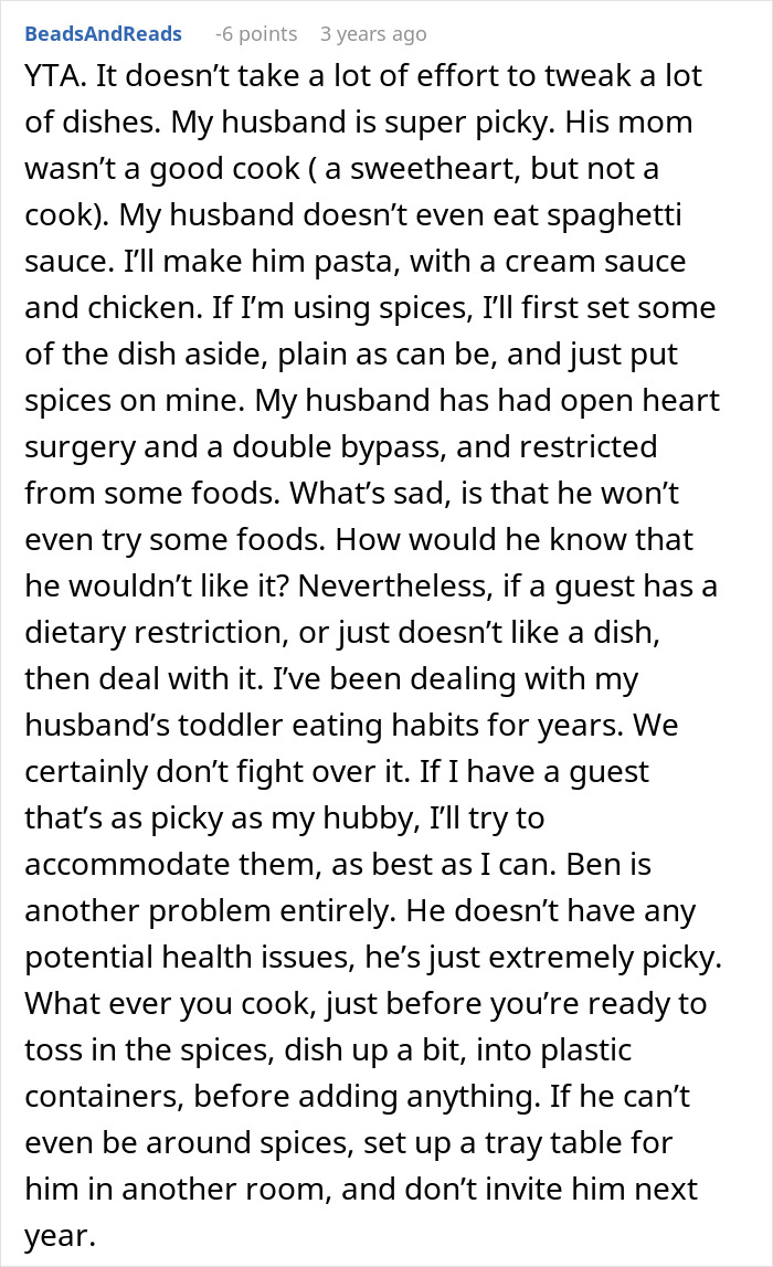 Comment discussing challenges of accommodating a picky eater during family meals and holiday menu changes.