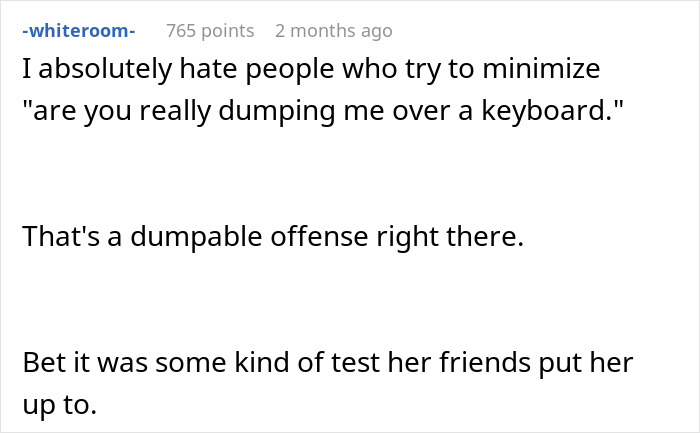 Comment discussing reaction to man lending girlfriend a spare keyboard and its impact on their relationship.