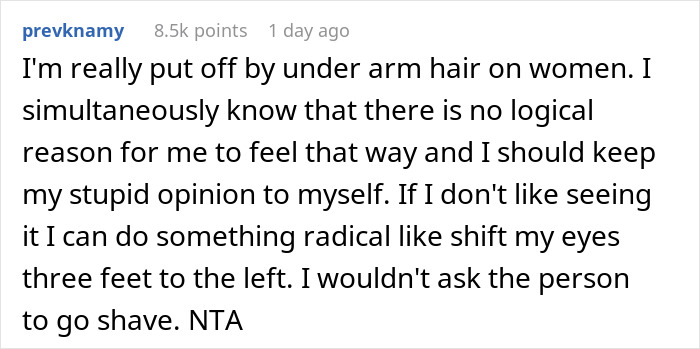 Comment expressing discomfort with women's hairy armpits, relating to guests feeling uncomfortable and personal insults at weddings.