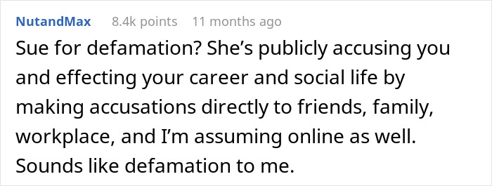 Comment discussing potential defamation and reputation damage caused by public accusations from a wife after leaving her husband.