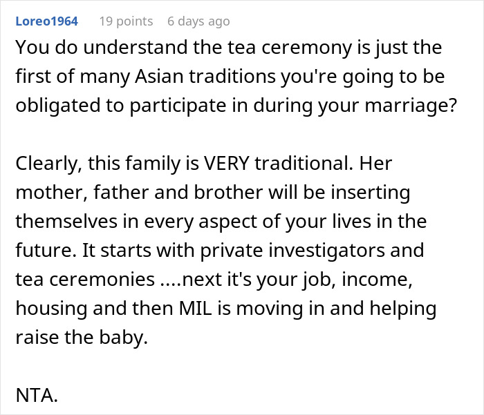 Comment discussing a man considering canceling his wedding after fianc&eacute;e&rsquo;s family hires a private investigator to find dirt.