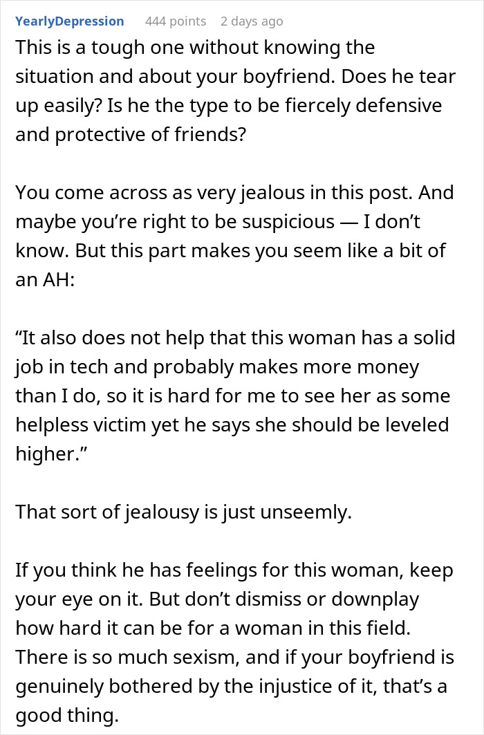 Text excerpt discussing boyfriend in tears over misogyny at work, jealousy from girlfriend, and challenges female colleagues face in tech.
