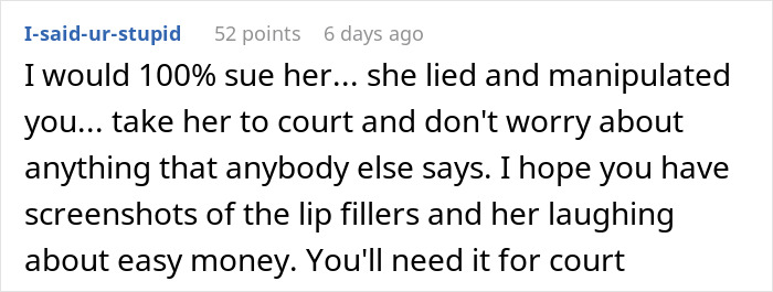 Comment discussing suing a makeup artist who pretended to be sick on a woman's wedding day for easy money.