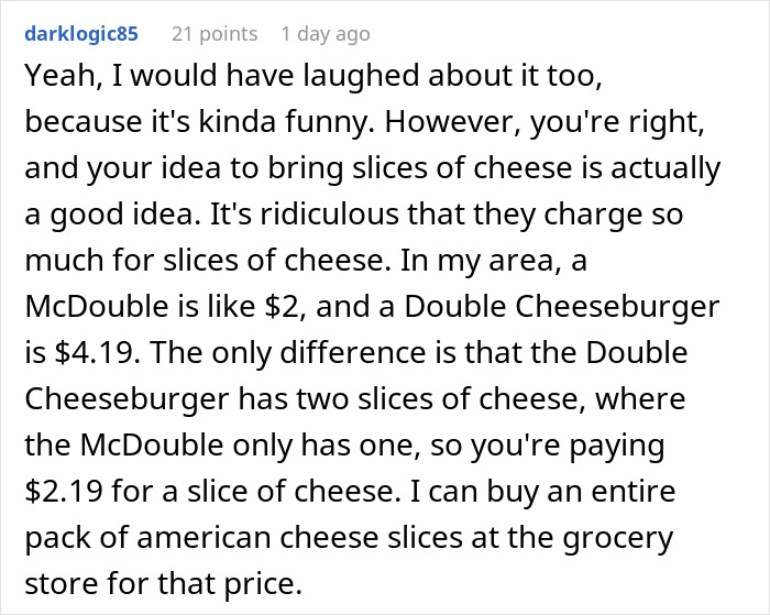 Text conversation screenshot discussing the cost of cheese slices at McDonald&rsquo;s drive thru, reflecting true colors.