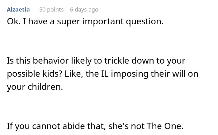 Commenter asking if in-laws&rsquo; behavior will affect future children, in context of man considering canceling wedding after PI investigation.